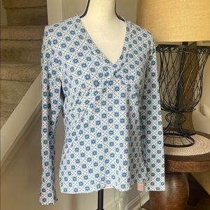 Ann Taylor Blue Floral V-Neck Long Sleeve Top Blue &Gray Pattern Size Large